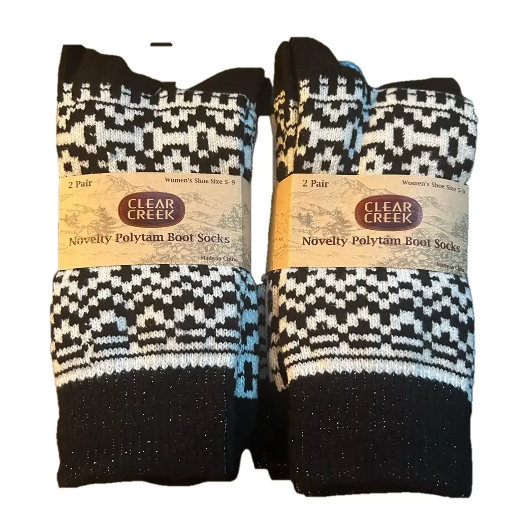 Clear Creek Woman’s Black White Novelty Boots Socks 4 Pairs Shoe Size 5 to 9